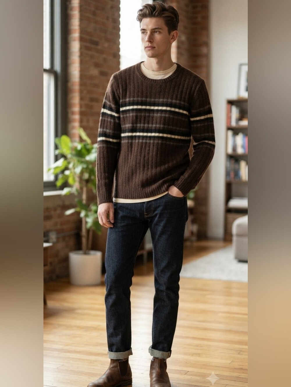 Banana Republic Brown Striped Lambswool Sweater Size Large